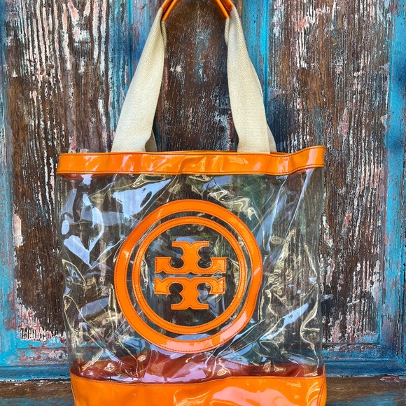 TORY BURCH Orange Clear Ella Tote Bag Large Logo Beach Bag Bar Game Bag - Picture 1 of 15